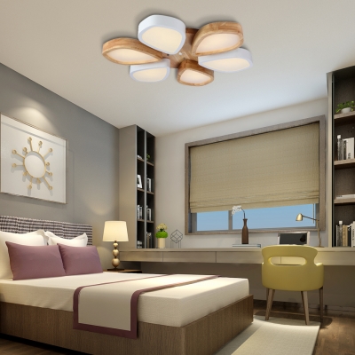 4/6 Light Floral Flush Mount Light Fixture Nordic Style Wooden Ceiling Light for Bedroom Living Room, Warm/White