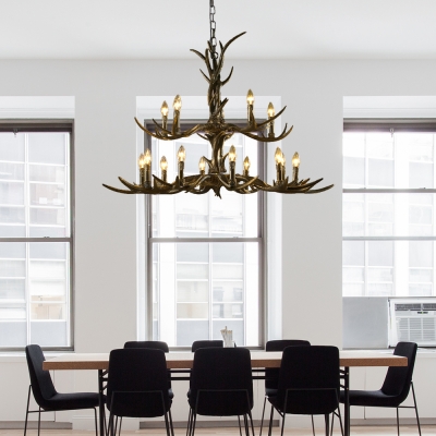 6/8/10/15 Lights Brass Antlers Hanging Lamp Height Adjustable Rustic Resin Ceiling Chandelier in Brass for Living Room