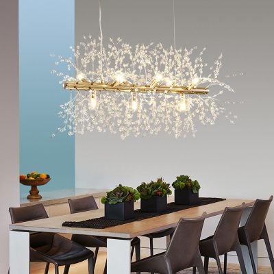 9/12 Lights Linear Pendant Lamp with Clear Crystal Bead Modern Metal Kitchen Island Lighting in Chrome/Gold