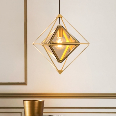 Art Deco Diamond Ceiling Pendant Light Single Light Amber/Smoke Glass Hanging Lamp in Black/Gold