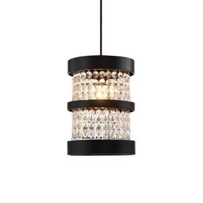 Black/Gold Cylinder Pendant Light with Clear Crystal Shade Single Light Modern Dining Room Ceiling Light