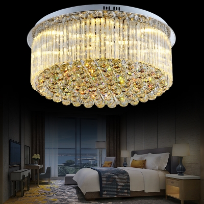 Clear Crystal Drum Flush Mount Light Dining Room Contemporary LED Ceiling Lamp in Chrome