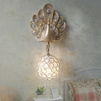 Clear Crystal Orb Wall Lamp with Resin Peacock 1 Light Gold/Pink/White Wall Mounted Light for Bedside