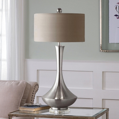 Colonial Drum Table Lamp with Gold/Silver Metal Base Fabric Shade 1 Light Table Lighting for Bedroom