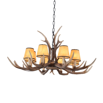 Conical Fabric Shade Pendant Lighting with Antlers Design Vintage 4/6/8/10 Heads Chandelier Lighting Fixture in Brown