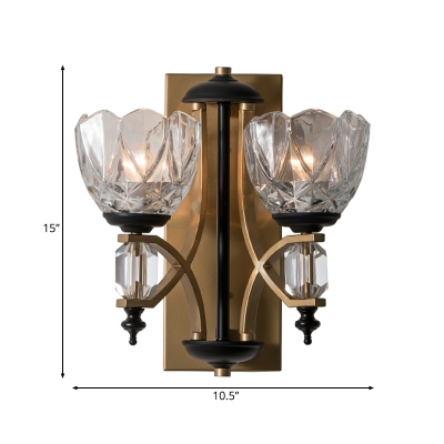 Double Petal Wall Lamp with Clear Glass Shade Colonial 2 Lights Wall Mount Lighting in Brass