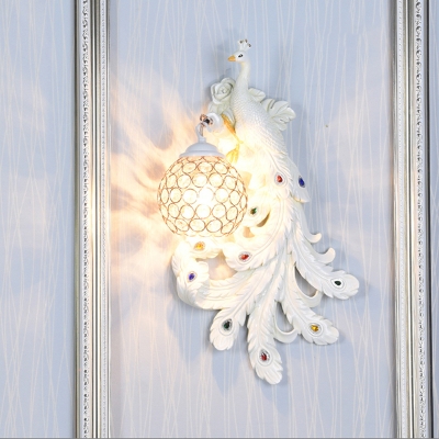 Double/Right/Left Peacock Wall Lamp Country 1/2-Pack Crystal Sconce Lighting with Dome Shade in White/Blue/Gold