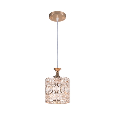 Gold Drum Pendant Lamp Modern Clear Crystal 1 Light Hanging Ceiling Light for Living Room, 6