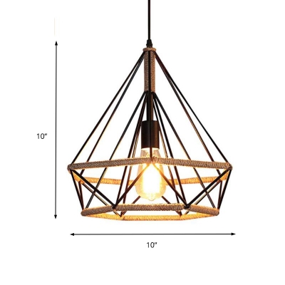 Loft Industrial Plug In Pendant Light with Wire Cage 1 Light Metal and Rope Drop Ceiling Light in Black