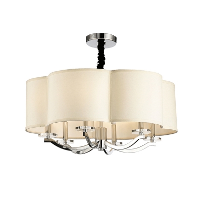 Modern Scalloped Ceiling Chandelier 6 Lights White Fabric Shade Pendant Lamp in Chrome with Metal Chain