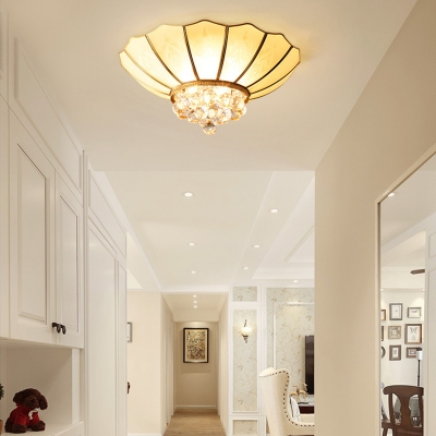 Scalloped Flush Lighting with Clear Crystal Ball 4/6 Bulbs White Glass Flushmount Ceiling Light in Brass