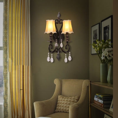 Traditional Scalloped Wall Sconce with Crystal Accents 2 Lights Beige Fabric Wall Lamp in Rust