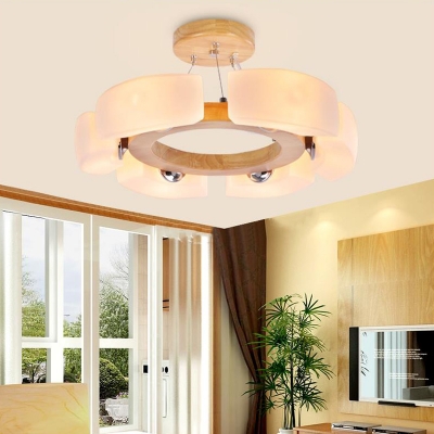Wooden Round Chandelier Lamp with Opal Glass Shade 4/6 Heads Nordic Suspension Light for Living Room