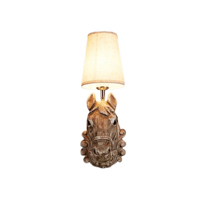 1 Light Cone Wall Mount Lamp with Resin Horse Base Beige Fabric Shade Loft Wall Light for Living Room
