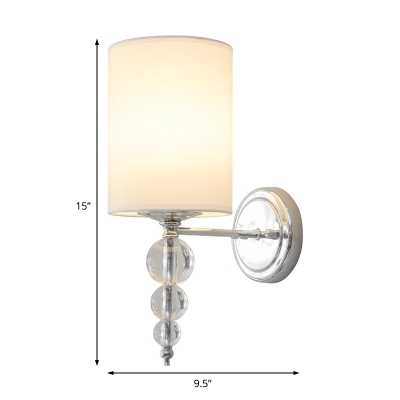 1 Light Cylinder Shade Wall Light with Crystal Ball Modern Metal and Fabric Wall Lamp in Chrome for Study Room