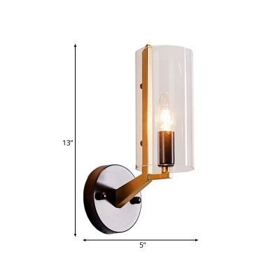 1 Light Cylindrical Sconce Light Fixture with Clear Glass Lampshade Colonial Wall Lighting in Gold