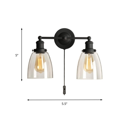 2 Lights Cone Wall Mounted Lighting Retro Loft Style Clear Glass Shade Wall Sconce in Black with Plug In Cord