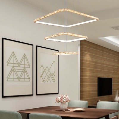 3 Tiers Square Pendant Light with Clear Crystal Accents Contemporary Led Chandelier