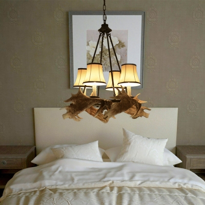 4 Lights Bell Chandelier Lighting with Antler Rustic White Fabric Shade Pendant Lamp for Dining Room