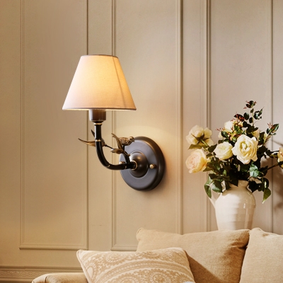 Bedroom Tapered Wall Sconce Light Fabric Countryside 1 Bulb Wall Light Fixture in Antique Brass
