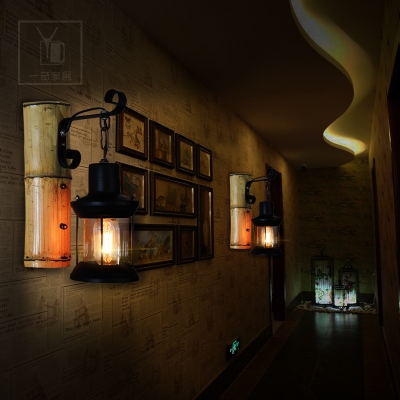 Black Finish Lantern Sconce Light 1 Light Industrial Loft Vintage Bamboo Wall Mounted Light for Porch