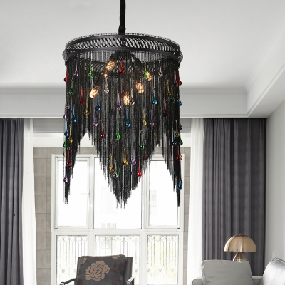 Black Tassel Chandelier Lighting 6 Lights Rustic Metal Chain Pendant Light for Living Room
