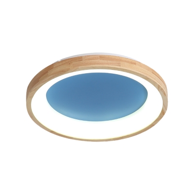 Blue/Green Round Flush Mount Lighting Modern Acrylic Creative Flush Mount Light with Wooden Rim for Bedroom