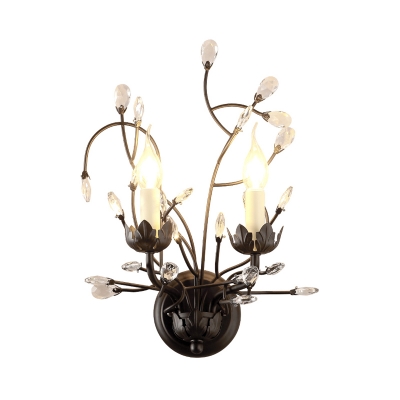 Branch Flush Wall Sconce with Bare Bulb and Decorative Crystal Vintage 2 Lights Living Room Wall Lamp in Black
