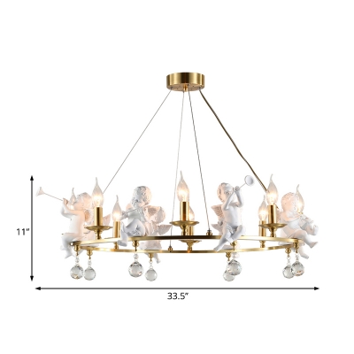 Brass Circular Pendant Lamp with Candle Traditional Metal 3/6/8 Lights Indoor Chandelier with Angel