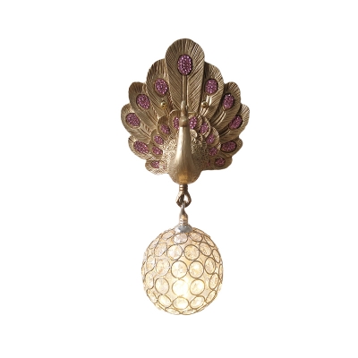Clear Crystal Orb Wall Lamp with Resin Peacock 1 Light Gold/Pink/White Wall Mounted Light for Bedside