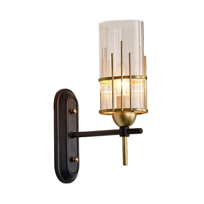 Colonial Cylinder Sconce Light with Clear Glass Shade 1 Head Bedroom Wall Light Fixture in Black