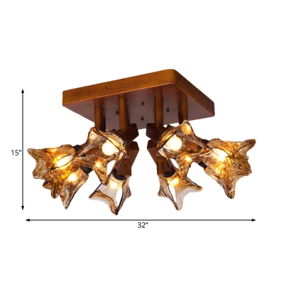 Country Style Cone Semi Flush Lighting Wood and Amber Glass 3/5/8 Lights Living Room Ceiling Lamp