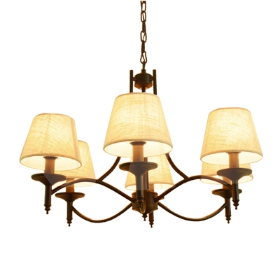 Country Style Cone Suspension Lamp Beige Fabric Shade 4/6/8 Heads Black Ceiling Chandelier with Hanging Chain