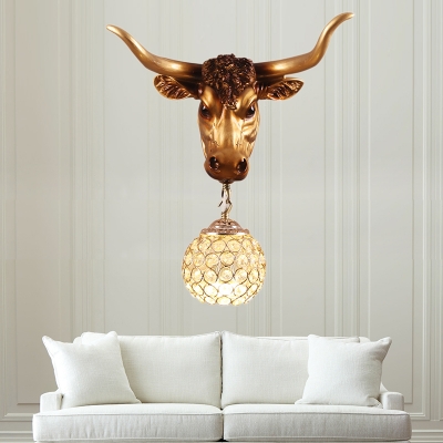 Crystal Beaded Orb Wall Mounted Lamp 1 Light Loft Sconce Light with Gold Resin Cattle
