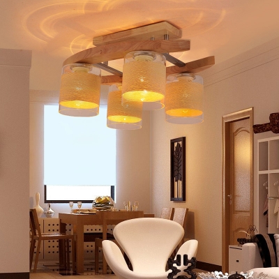 Cylindrical Glass Shade Semi Flush Light Modern 4 Bulbs Dining Table Semi-Flush Ceiling Light in Wood