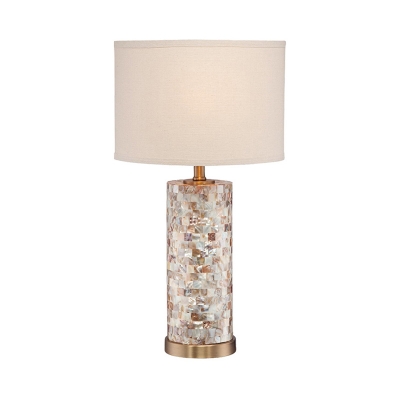 Drum Table Lamp with Shell Lamp Base 1 Light Flaxen Shade Vintage Table Lighting in Brass Finish