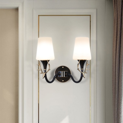 Frosted Glass Cone Wall Lighting with Curved Arm 1/2 Lights Vintage Wall Sconce Light in Black/Gold for Living Room