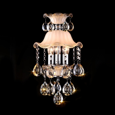 Frosted Glass Scalloped Hanging Light Modern 3 Lights Ceiling Chandelier with Clear Crystal Bead