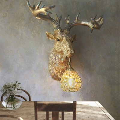 Gold Deer Wall Mounted Light with Gourd Crystal Shade 1 Light Resin Loft Sconce Light
