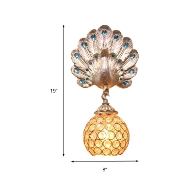 Gold Peacock Wall Lighting with Blue Crystal Bead 1 Light Country Style Wall Mount Lamp for Bedroom