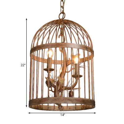 Iron Birdcage Hanging Pendant Light Village Style 3 Lights Chandelier Lamp in Rust with Pinecone Accents