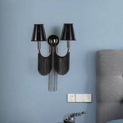 Fabric Coolie Shade Wall Light Living Room 2 Lights Contemporary Sconce Lamp in Black/Silver