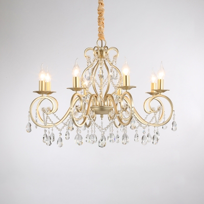 Mid-Century Modern Candle Hanging Chandelier Metal 3/6/8 Lights Chandelier Lamp with Crystal in Gold