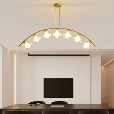 Modern Sphere Pendant Light with Metal Arc Arm 3/5/7/9 Lights Clear/White Glass Island Lighting in Gold