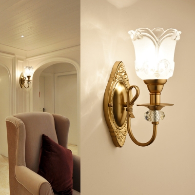 Petal Frosted Glass Wall Lamp Contemporary 1/2 Light Bathroom Sconce Lighting with Carved Backplate in Gold