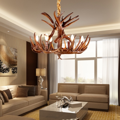 Resin Candle Hanging Light Fixture with Antlers Design Countryside 4/6/9/15 Heads Pendant Chandelier in Coffee