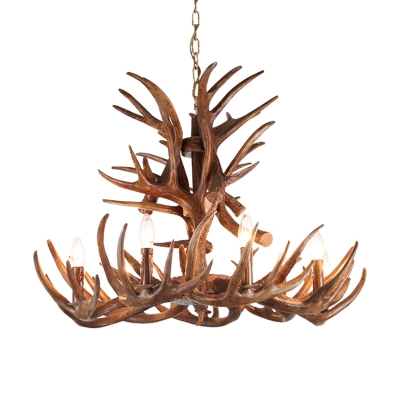 Resin Candle Hanging Light Fixture with Antlers Design Countryside 4/6/9/15 Heads Pendant Chandelier in Coffee