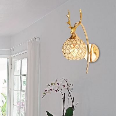 Restaurant Orb Wall Light with Deer Head Metal and Crystal 1/2 Lights Modern Chrome/Gold Sconce Light