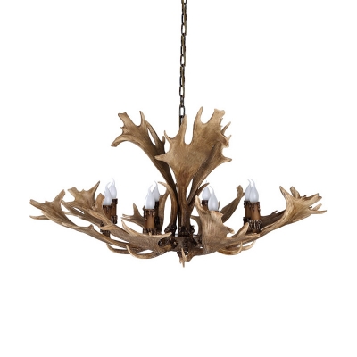 Vintage Candle Chandelier Light with Antlers Design Resin 8 Bulbs Suspension Light in Brown