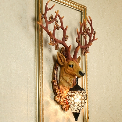 White/Brown Elk Wall Sconce Light Modern Style 1 Light Metal Wall Sconce with Crystal for Living Room, 19.5